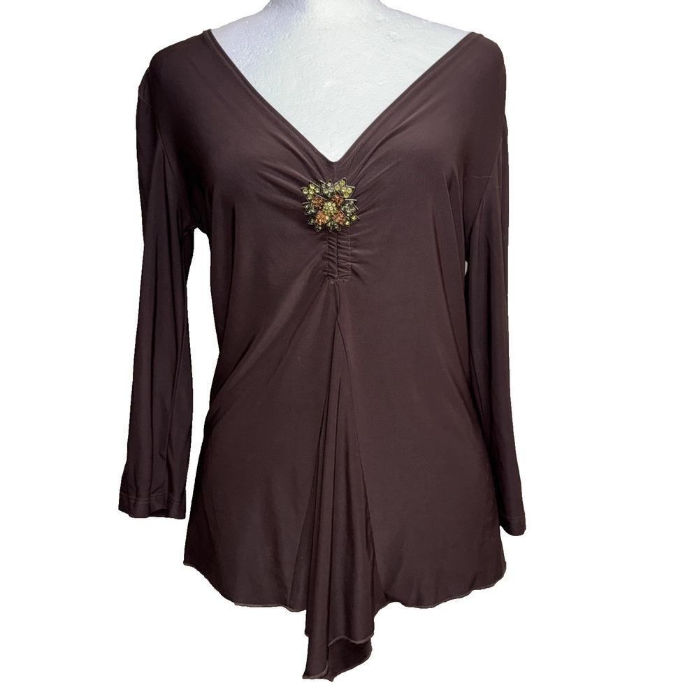 Whimsigoth JOON COLLECTION Chocolate Brown Ruched‎ Top S Fairycore Brooch Y2K